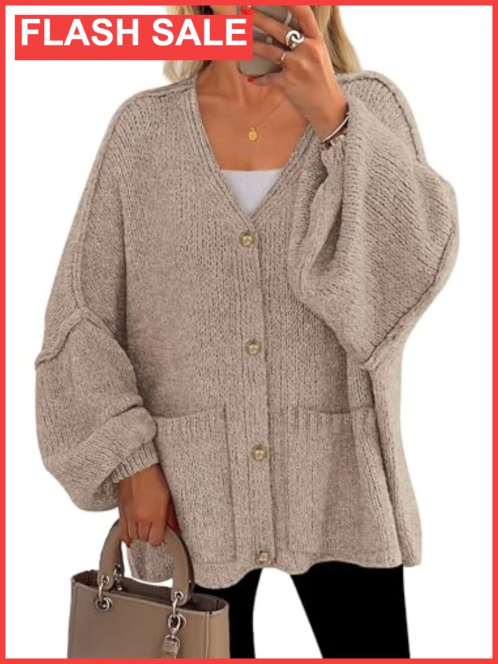 Oversized Chunky Cardigan Button Down V-Neck Lantern Sleeve Women's Sweater